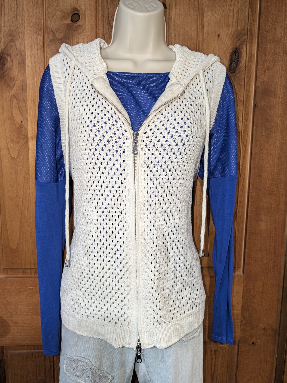 Cream Open-Knit Hooded Zip Vest – Lightweight Layering